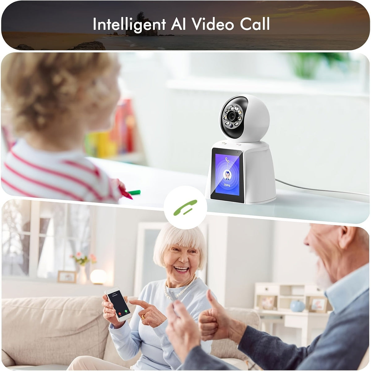 WiFi PTZ Indoor Camera with 3-Inch Built-In Screen, 3MP HD Video Calling, Two-Way Audio, Color Night Vision, AI Detection, Pet/Baby/Elderly Monitor, Home Security Camera, App Control