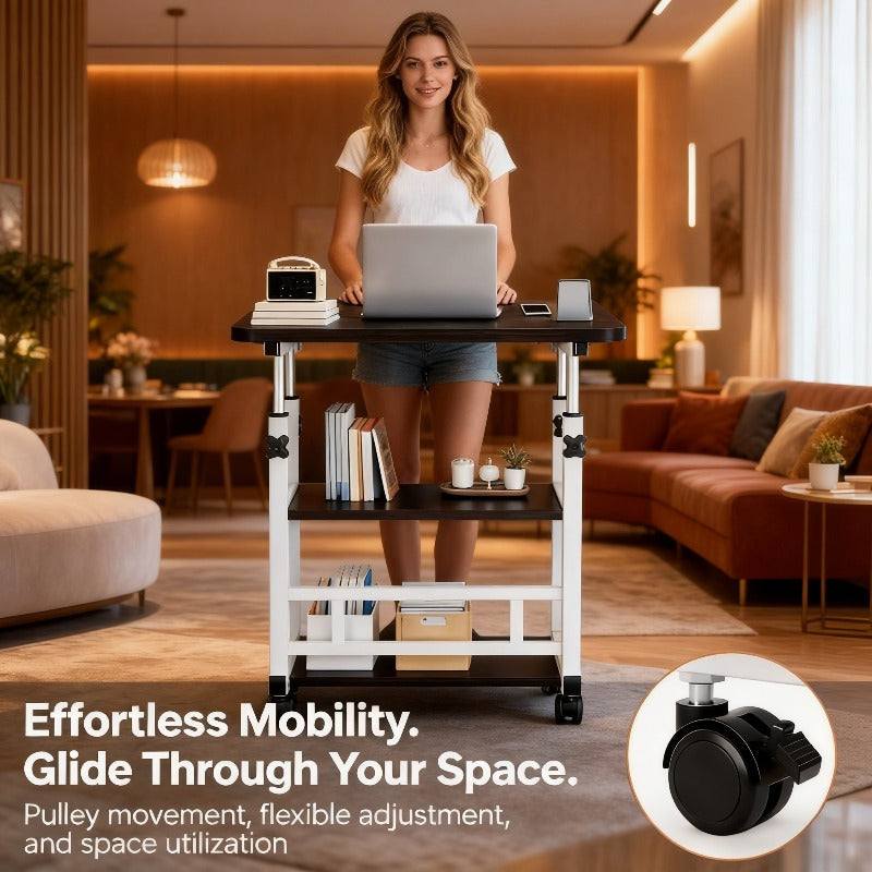 Rolling Bedside Desk, Height Adjustable 23-35 Inches, with Storage Shelf and Omnidirectional Wheels, for Home, Bedroom, Office Laptop Table