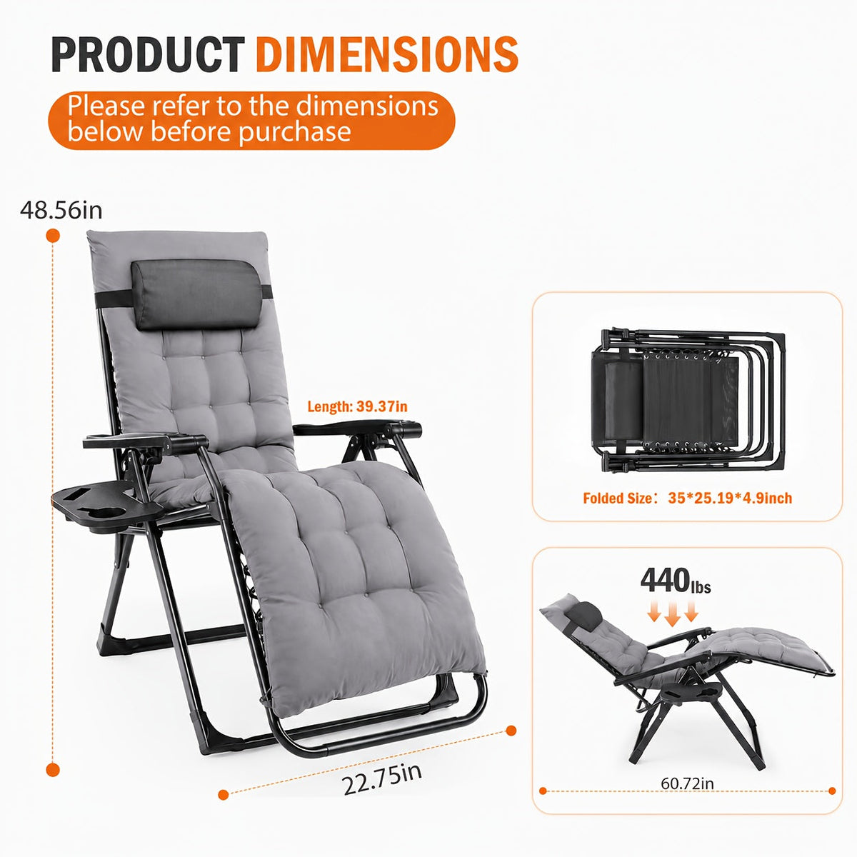 Zero Gravity Recliner Foldable Patio Chair – Removable Cushion & Cup Holder Tray for Beach Patio Poolside Outdoor Lounging