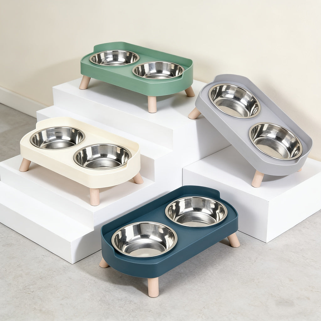 Elevated Stainless Steel Cat Bowls - Double Cat Food and Water Bowl Set, Anti-Vomit Neck Protection, Non-Slip Feeder Stand, Splash-Proof and Dishwasher Safe, Includes 2 Bowls & Pet Food Scoop for Indoor Cats