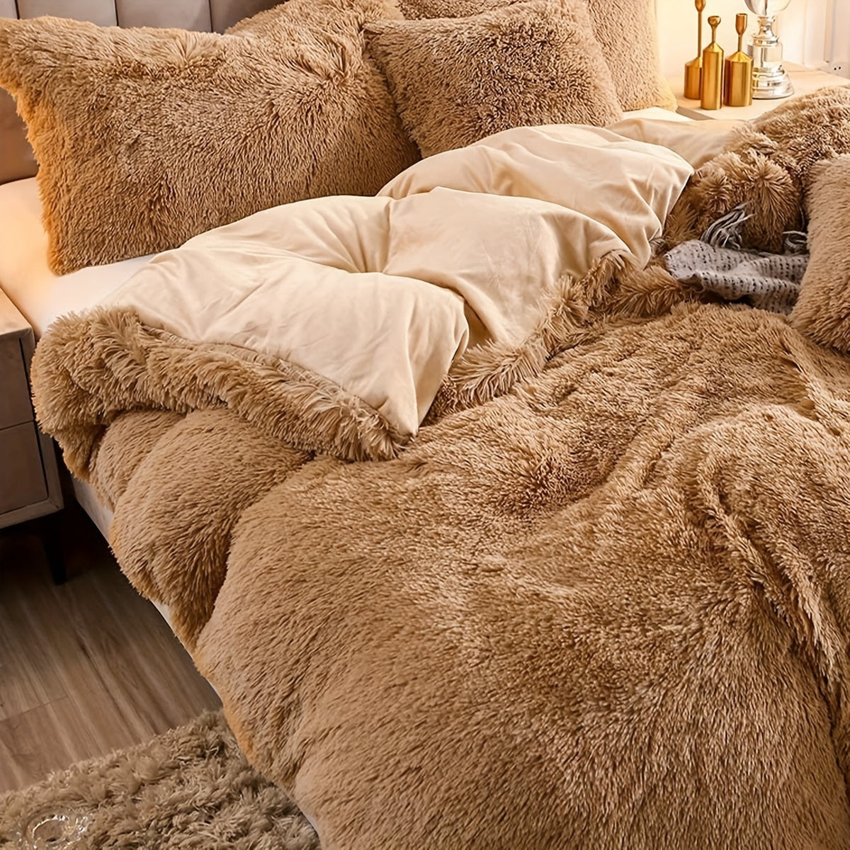 Plush Duvet Cover Set 3 Piece, Long Hair Knitted Polyester, Solid Color Fuzzy Comforter Cover with Zipper Closure, All-Season Soft Cozy Bedding Set for Bedroom, Multiple Colors Available