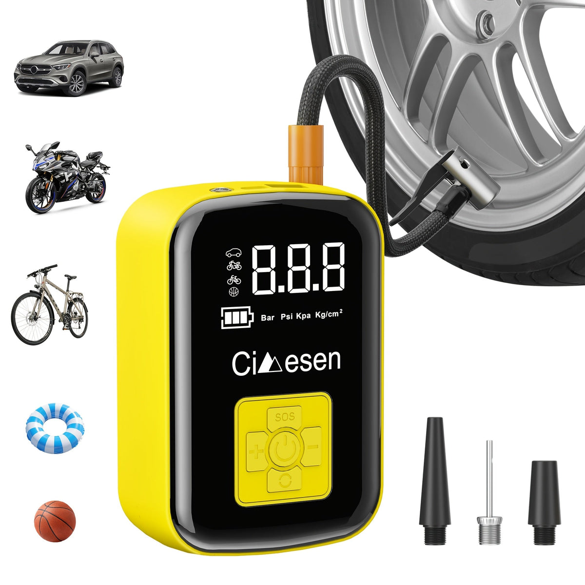 Portable Tire Inflator, 100W Cordless Air Pump, 4000mAh Battery, 30-Second Inflation, 5 Modes, Digital PSI Display, Type-C Charging, LED Light, Multi-Nozzle for Car, Motorcycle, Bicycle, Ball