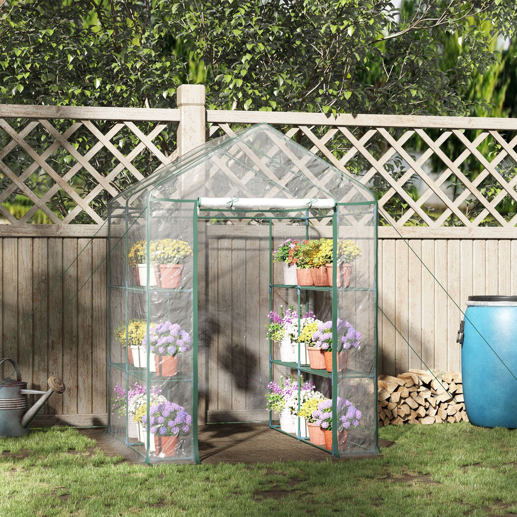 Walk-In Portable Greenhouse 56"x56"x77", 8 Wire Shelves, Transparent PVC Cover, Roll-Up Zipper Door, Ground Stakes & Guy Ropes, for Outdoor Garden Seedlings Flowers Vegetables, Year-Round Growing