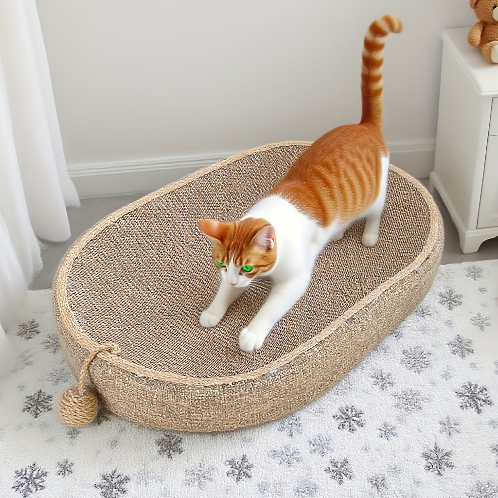 Large Oval Sisal Cat Scratching Board & Lounge Bed – 23.6 Inch Durable Scratch Pad with Sisal Toy Ball, No Assembly Needed, All-Season Cat Scratcher Mat for Indoor Cats to Play, Sleep, and Rest