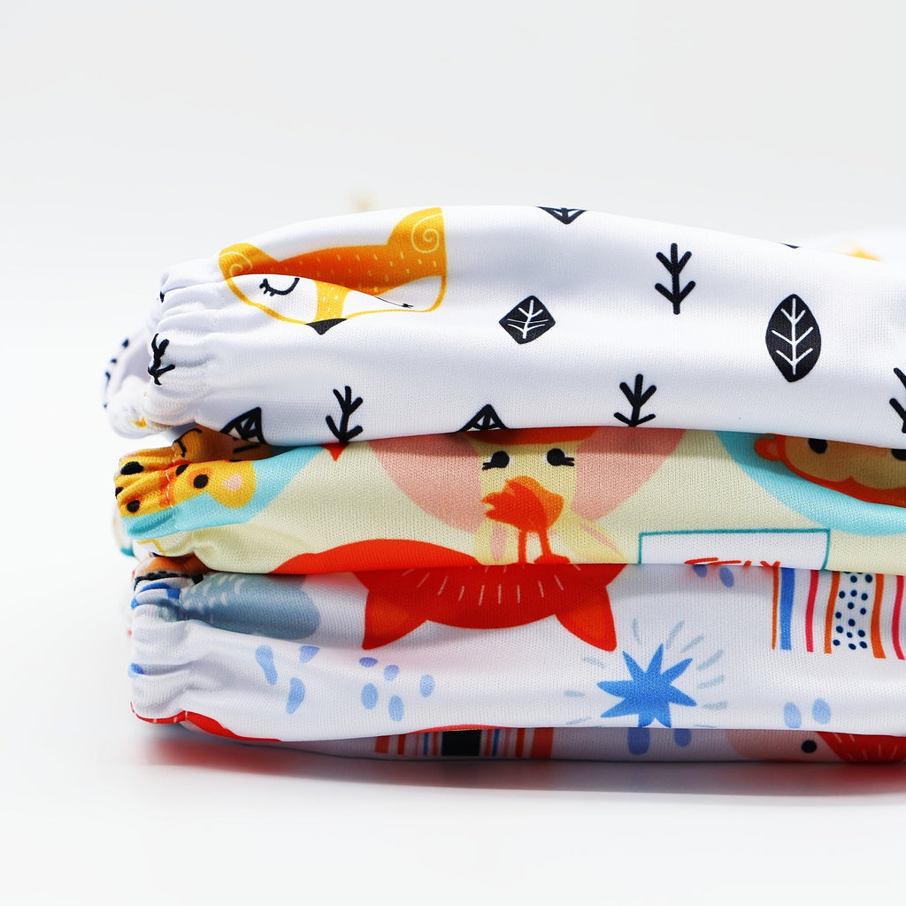 6-Piece Reusable Cloth Diaper Set with Cute Cartoon Animal Designs, Eco-Friendly Washable Baby Cloth Diapers with Inserts, Includes 3 Diapers & 3 Inserts, Adjustable for Babies & Toddlers