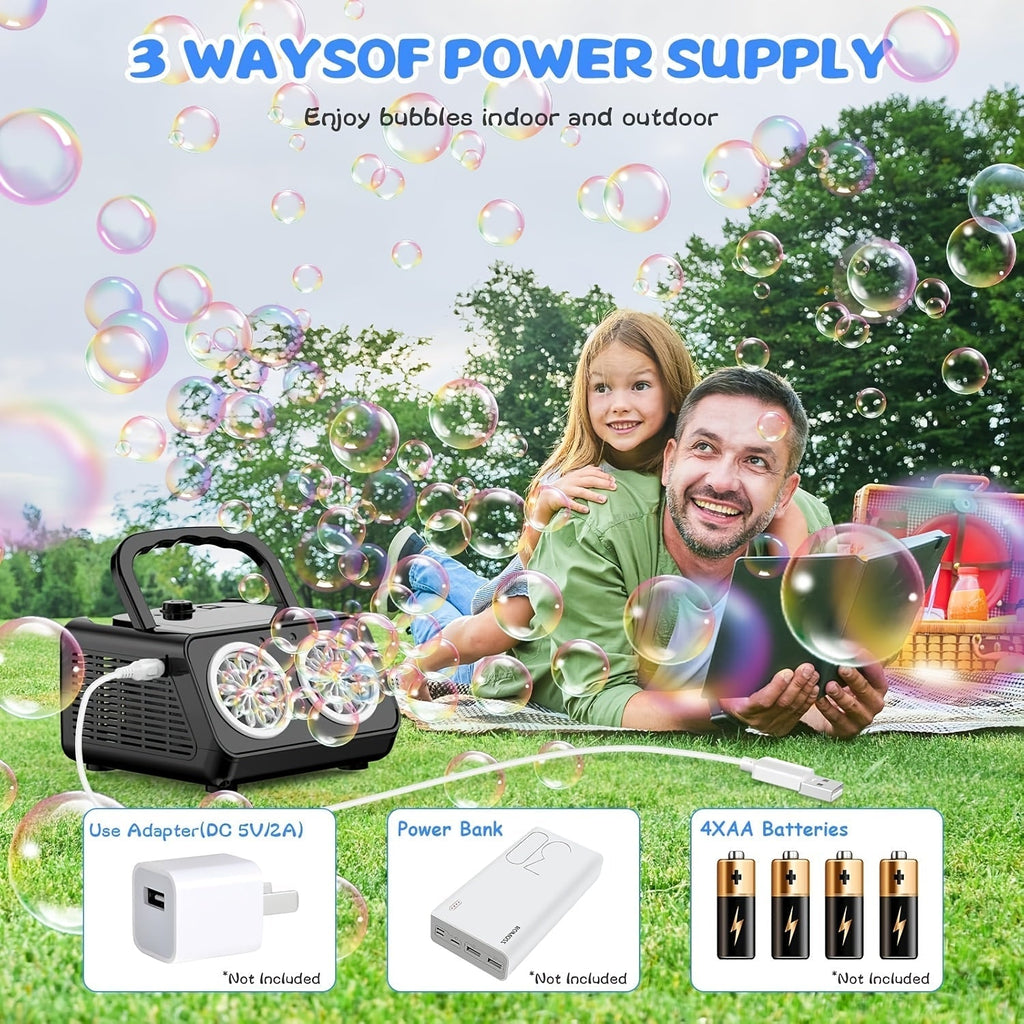 Upgraded Automatic Bubble Machine, Thickened 2-Fan Design, 20,000+ Bubbles Per Minute, Plug-in or Battery-Powered Portable Bubble Blower for Indoor/Outdoor Birthday Parties, Weddings, and Kids (White/Black)