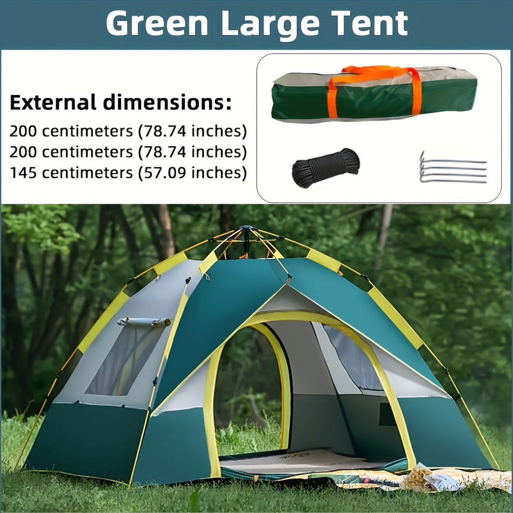 4-Person Pop-Up Camping Tent, Instant Setup with UV Protection, Insect Netting & Sunshade, Automatic Family Tent in Dark Green for Beach, Park, Camping, Hiking, and Outdoor Adventures, Featuring Sturdy Zippers & Support Poles