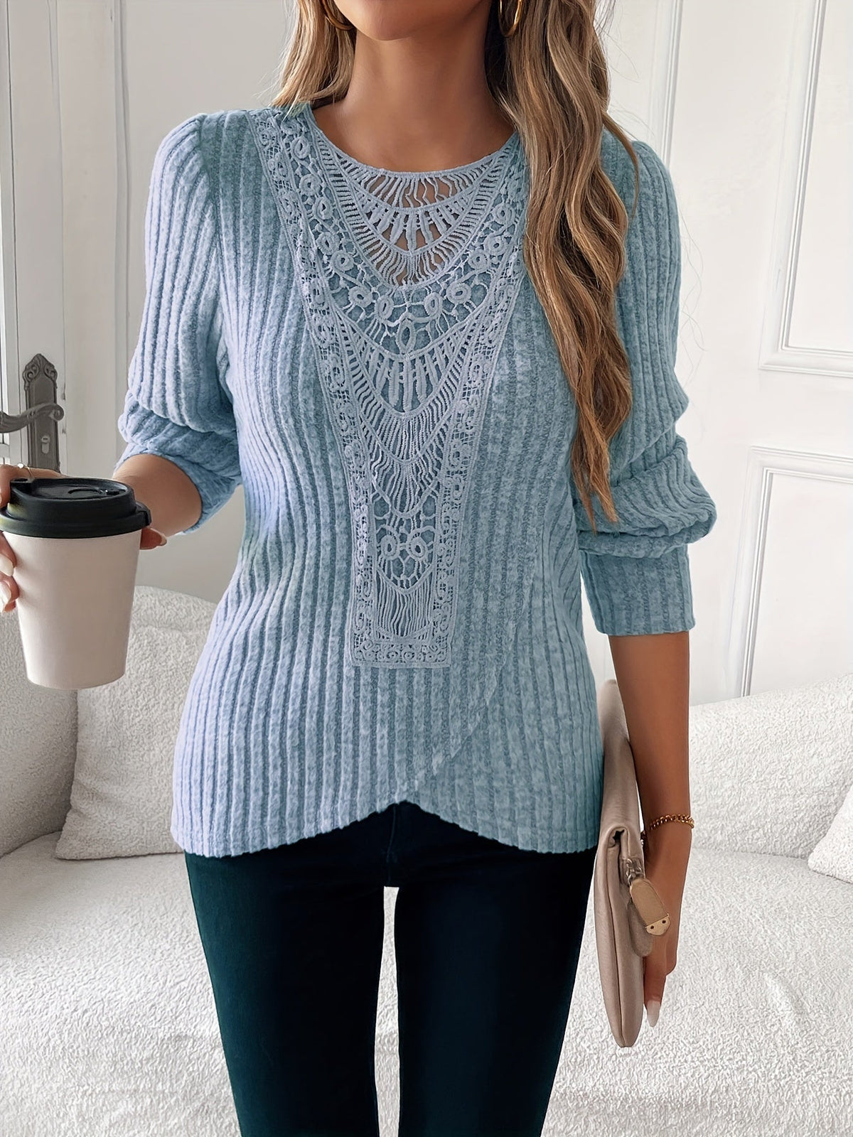 Women's Long Sleeve Lace Trim T-Shirt Round Neck Elegant Casual Top Soft Lightweight Blouse Pink Grey Blue S-XXL US Warehouse
