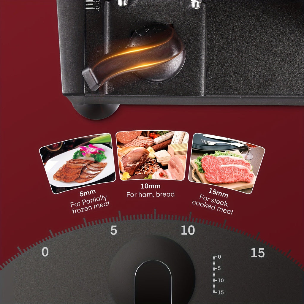 200W Electric Meat Slicer for Home Use – 2 Removable 7.5" 304 Stainless Steel Blades (Serrated + Non-Serrated), 0–15mm Thickness Control, Die-Cast Aluminum, Food Carriage Included, Black or Silver – Nova Mart