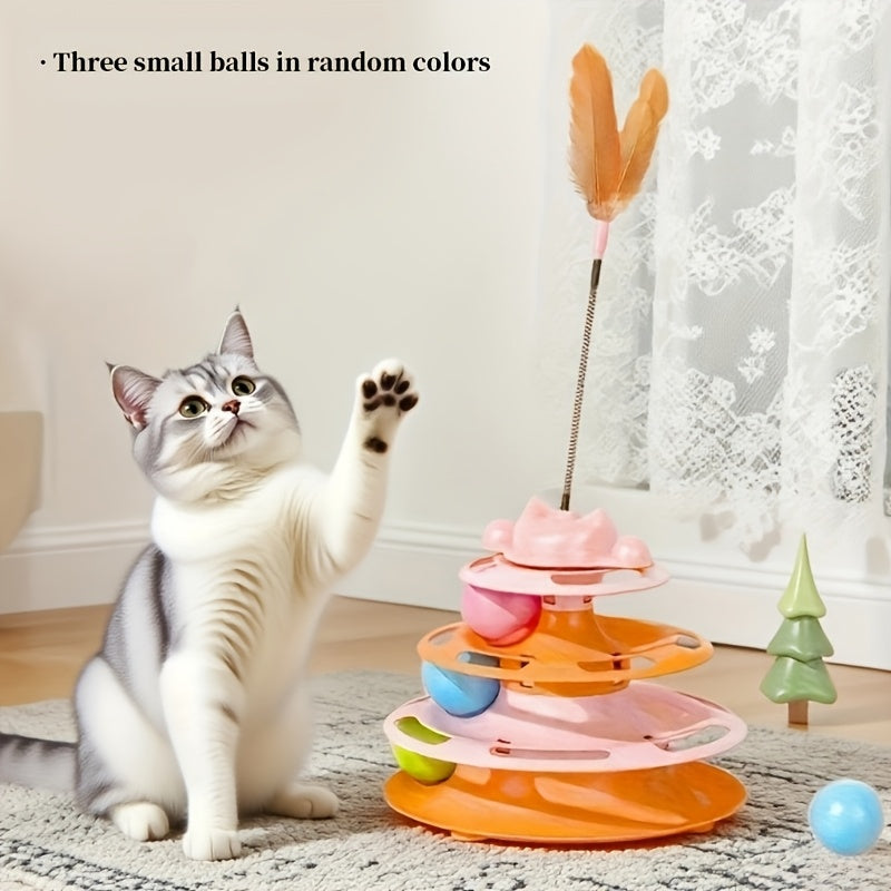 Feather Cat Carousel Toy with Rotating Rolling Ball - Interactive Spinning Turntable Teasing Toy for Indoor Cats, Self-Entertainment Boredom Buster Cat Gift, No Battery Required, Available in Light Green, Blue, and Pink