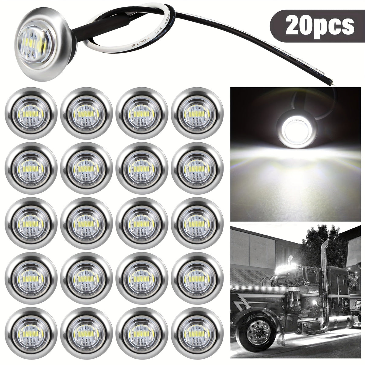 LED Marine Boat Courtesy Lights 20-Pack DC12V 3-LED Side Marker Lights for Boat Yacht Transom Stern Deck, Round Submersible Navigation Lights in Red, Green, Blue, White, and Yellow, Stainless Steel Base