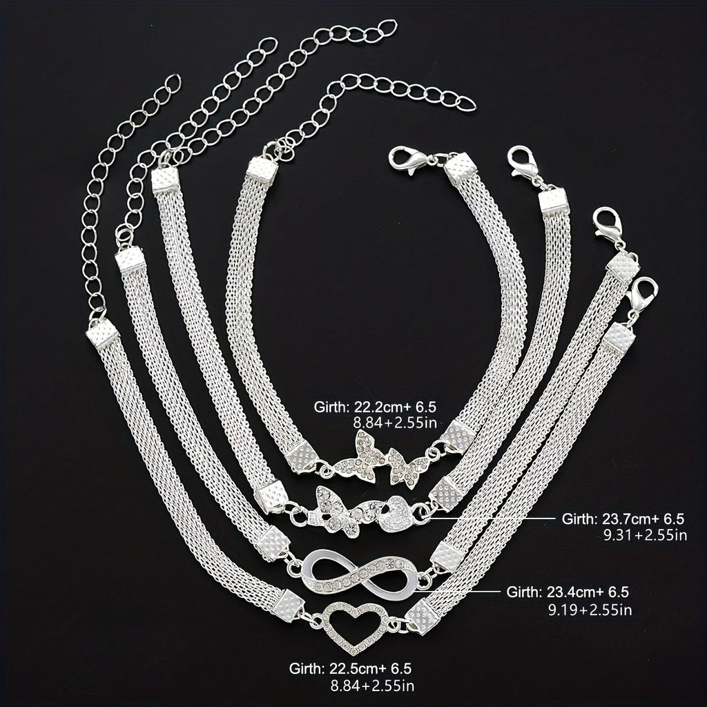 925 Silver Butterfly Infinity Anklet Set (4pcs) – Stackable Foot Chain Bracelet for Women, Elegant Summer Jewelry, Mother's Day & Birthday Gift