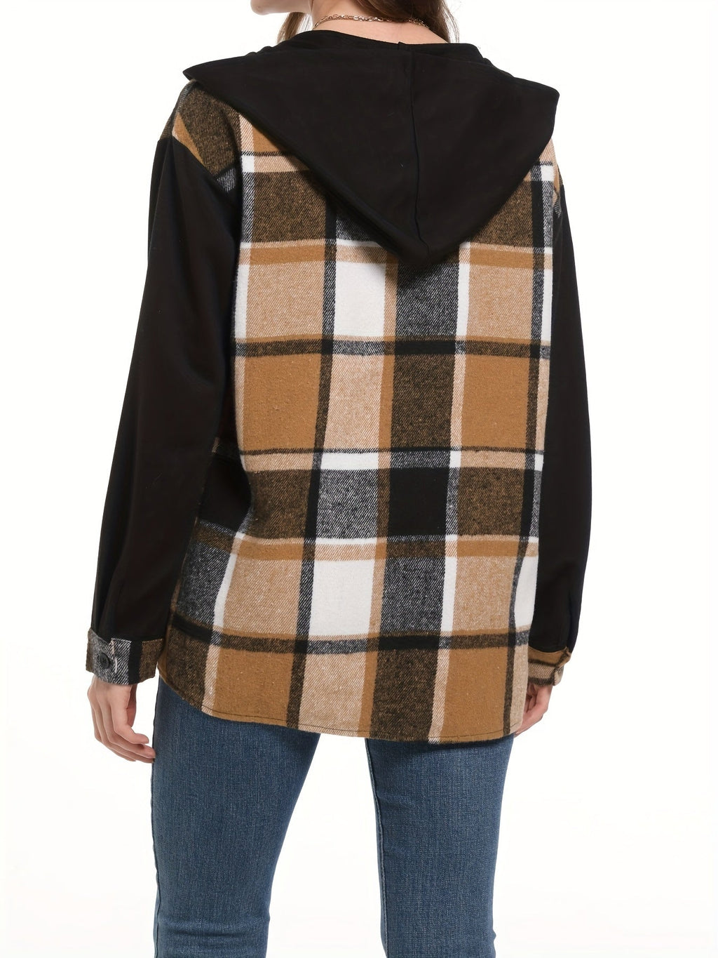 Women's Plaid Hooded Jacket, Drop Shoulder, Woven Patch Pocket, Casual Outerwear, 100% Polyester Suede/PU, Black/White, S, M, XXL