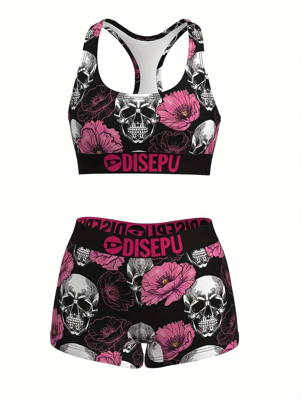 Women's Skull and Pink Flower Print Sports Bra and Shorts Set - 2-Piece Gothic Floral High-Stretch Activewear for Gym, Yoga, Running, Halloween Workouts, Breathable Athletic Outfit, Sizes S-XXL