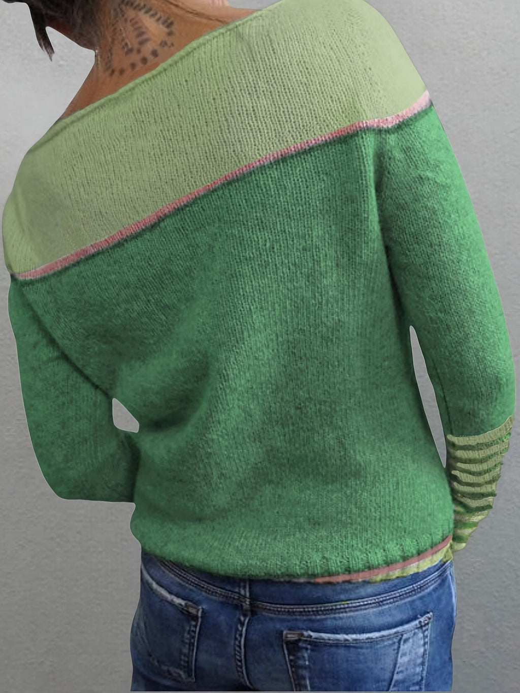 Women's Asymmetric Color Block Striped Knit Sweater Long Sleeve - Off-Shoulder Wide Neck Patchwork Pullover, Casual Chic Spring/Fall Top in Grey, Blue, Green, Purple S-XL