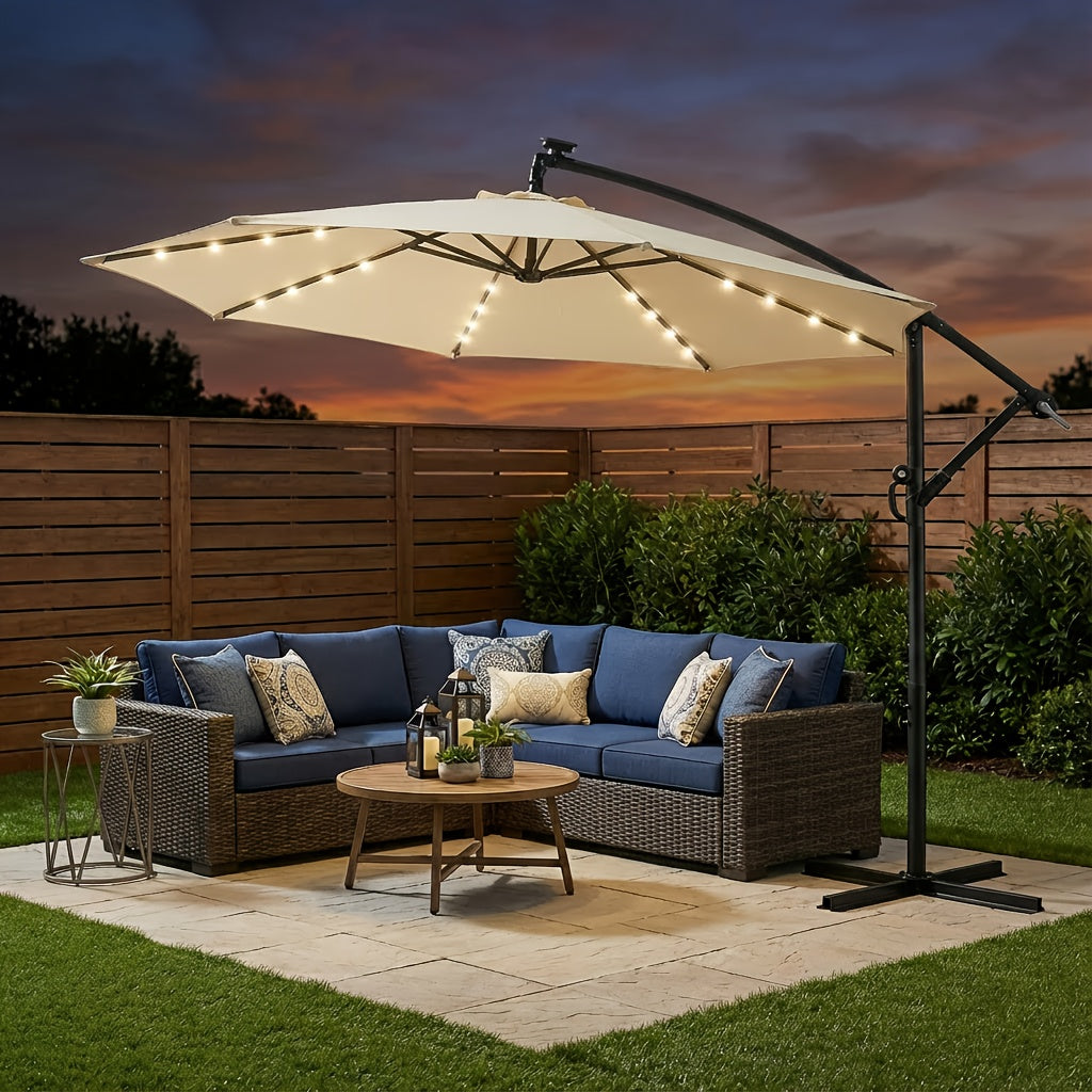 10ft Solar LED Offset Cantilever Patio Umbrella, UPF50+ UV Protection, Easy Tilt & Crank, Heavy-Duty Outdoor Market Umbrella, Sun Shade for Garden Deck Backyard Pool (Base Not Included)