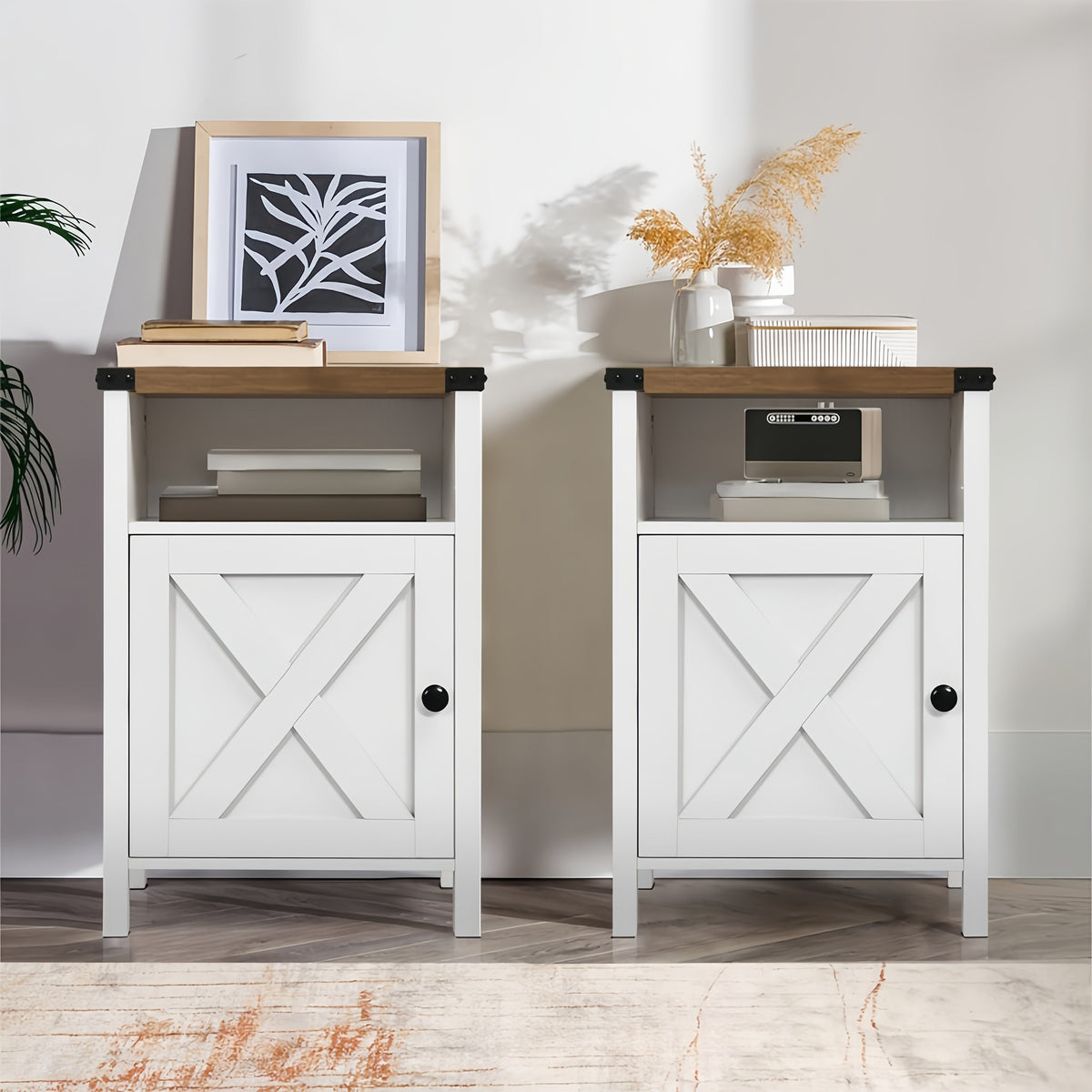 Farmhouse Nightstand with Barn Door and Shelf 23.7x15.8 Inch Rustic Modern Bedside End Table Narrow Entryway Table for Bedroom Living Room Navy Blue Grey White Oak Black 1 or 2 Pack