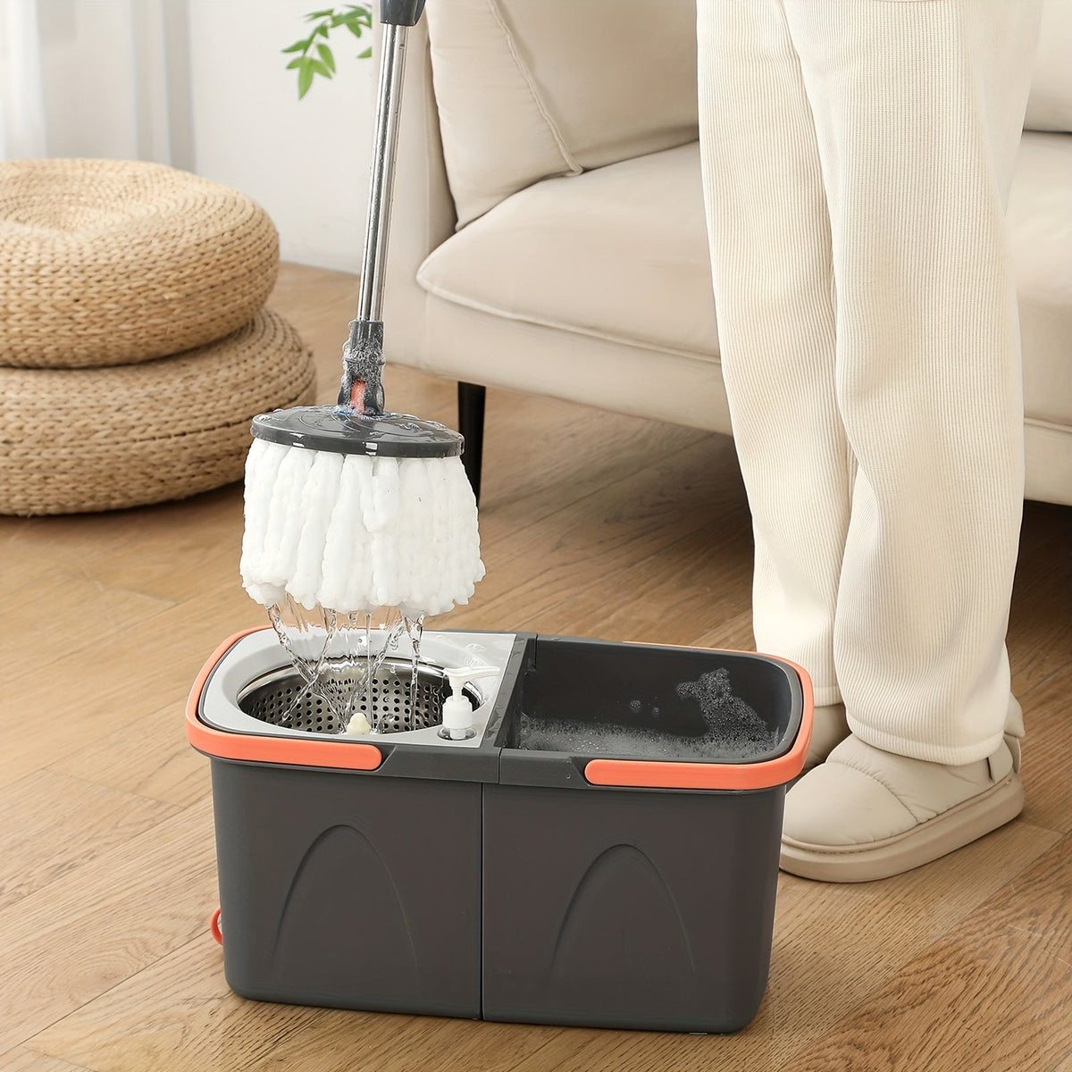 4-Piece Spin Mop & Bucket Set - Hands-Free Wringing, Replacement Mop Cloth & Spray Bottle, Wet/Dry Use, for Kitchen Bathroom Hardwood Tile Floors - Multicolor