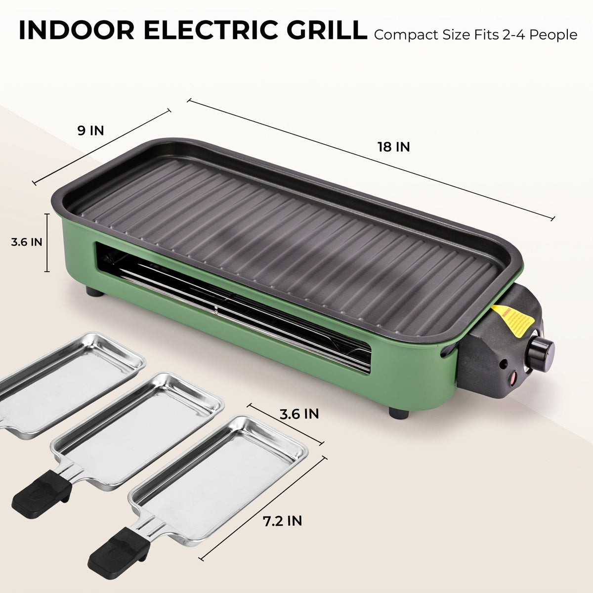 Indoor Smokeless Electric Grill with Raclette Pans - 1500W, 16x9" Non-Stick Detachable Plate, Dishwasher Safe for Grilling, Roasting & Cheese Melting - Beige, Black & Green