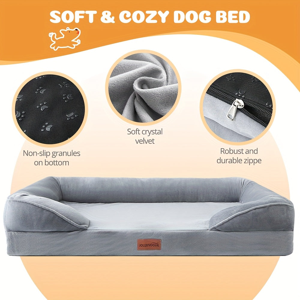 Extra Large Dog Sofa Bed, 100% Supportive Foam, 4-Sided Bolster, Removable Washable Cover, Non-Skid Bottom, Joint Support, Soft Warm Pet Couch Bed, Grey, M/L/XL/XXL, All Breeds