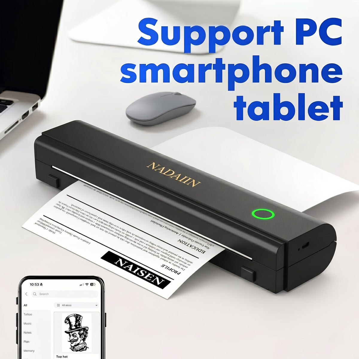 Portable Inkless Thermal Printer A4 with Paper Tray, Wireless Mobile Printer, Supports 8.5x11 Letter/A4 Paper, Compatible with iPhone, Android, Laptop, Home, Office, School, Travel