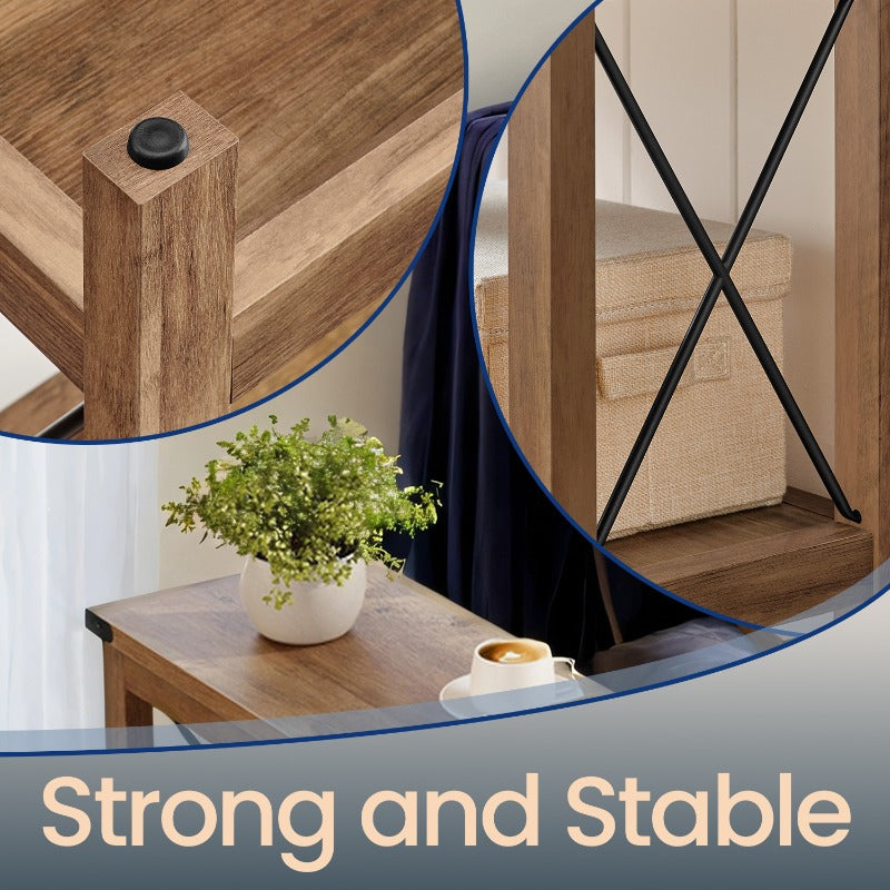 2-Tier End Table Side Table with Bottom Shelf Nightstand for Small Spaces Living Room & Bedroom – Farmhouse Rustic Hardwood Construction Sturdy Legs Brown
