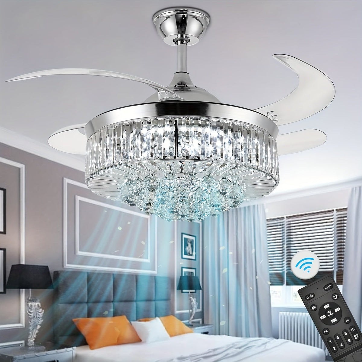 Modern Invisible Ceiling Fan with LED Light, Crystal Design, 3-Color Lighting (Warm/Neutral/White), 6-Speed Remote Control, Reversible Motor, for Bedroom Living Room Dining Room