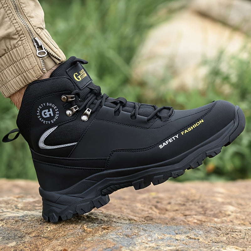 Men's Steel Toe Work Boots, Heavy Duty, All-Terrain Rubber Sole, Cushioned Insole, Arch Support, Four-Season Construction, Industrial, Farm, and Outdoor Boots, Black/Army Green, US Sizes 6-11