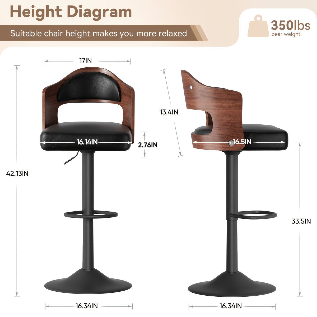 Swivel Bar Stools Set of 4 with PU Leather Upholstered Seat, Wooden Back & Footrest, Counter Height Bar Chairs for Kitchen Island and Dining Room, Black Brown Green White