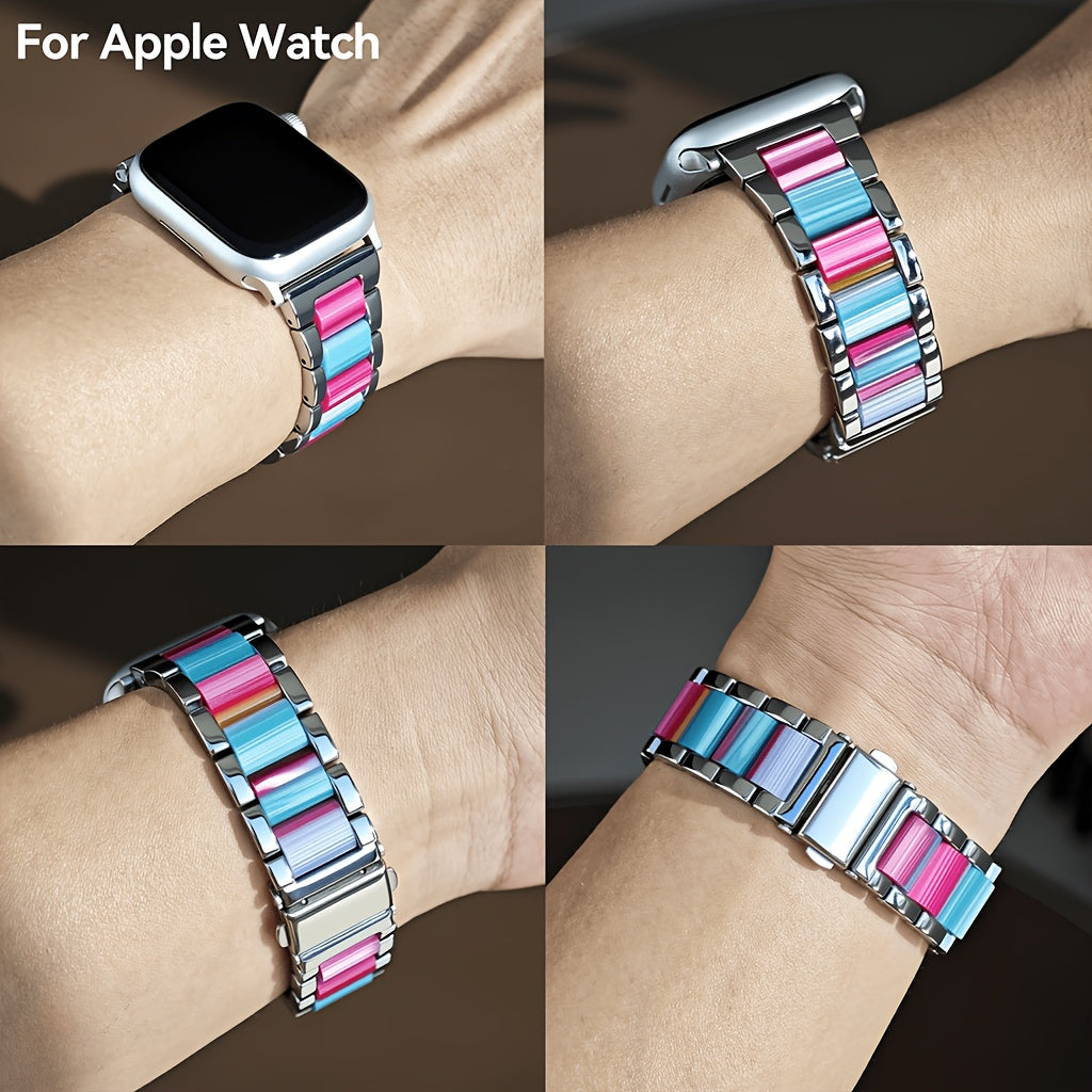 Apple Watch Band 42/44/45/46/49mm Women's Stainless Steel Resin Metal Replacement Strap Starlight Rainbow for iWatch Series 11 10 9 8 7 6 5 4 3 SE Ultra for Work, Office, Fitness, Party