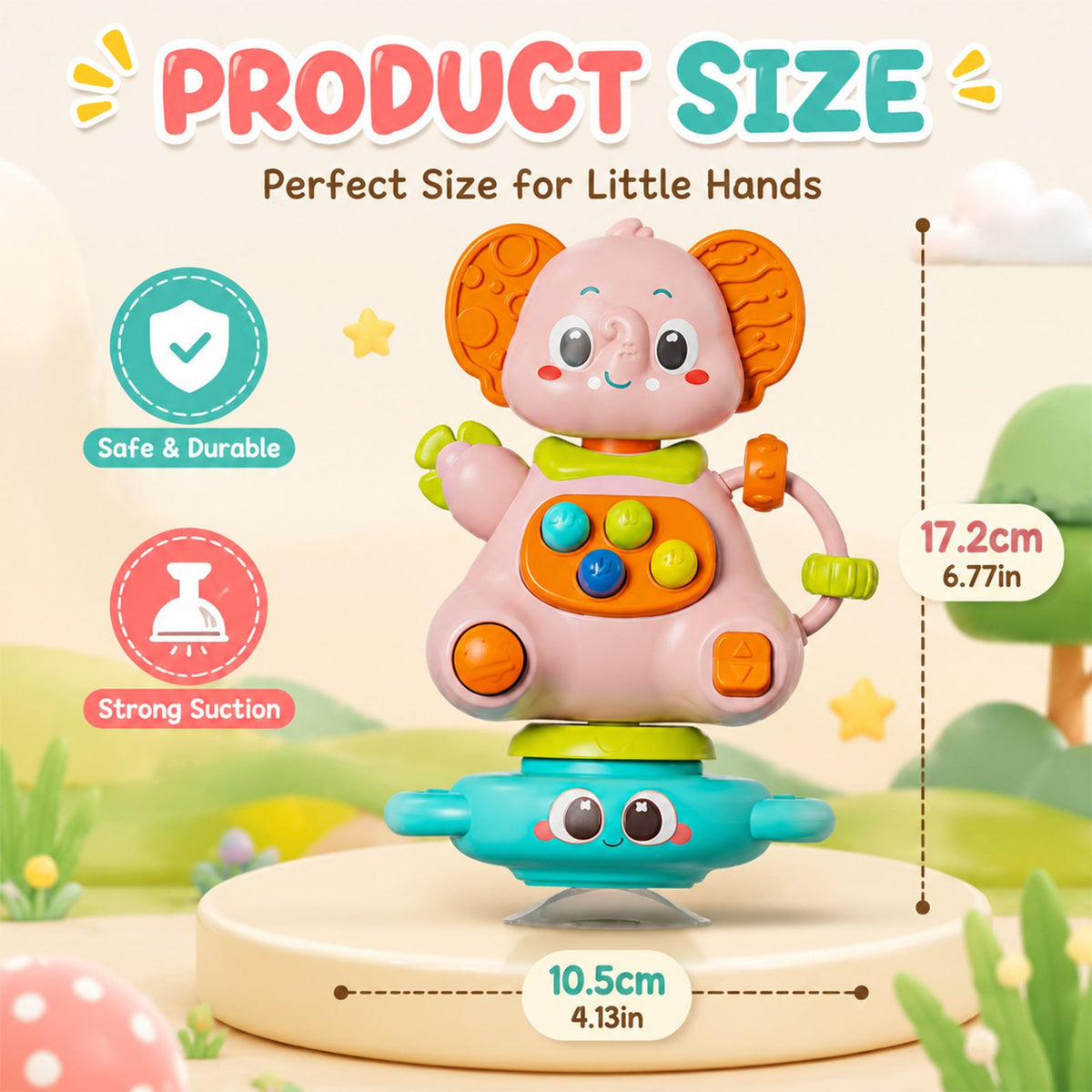 Elephant-Shaped Suction Cup Gyro Spinning Toy for Infants, Anti-Slip Anti-Drop Safety Rounded Edge Portable Baby Sensory Toy, Blue & Pink