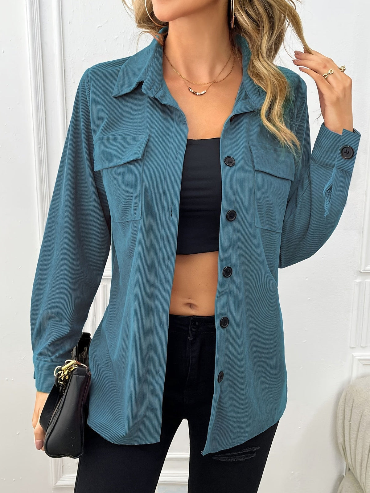 Women's Corduroy Shirt Jacket Lapel Front Pocket Long Sleeve Shacket Casual Fall Outerwear Pale Pink Gray Peacock Blue Black XS S M L XL