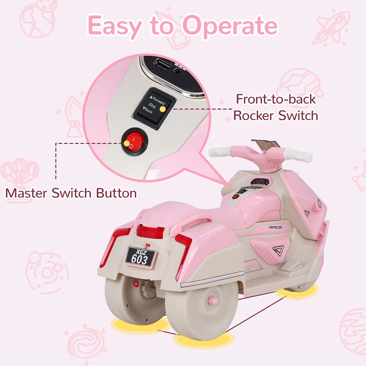6V Kids Electric Motorcycle Battery Powered Ride-On Toy with Interstellar Lights, 3 Wheels, Safe and Stable for Boys and Girls - Birthday, Christmas, Halloween Gift (Pink, Blue, Green)