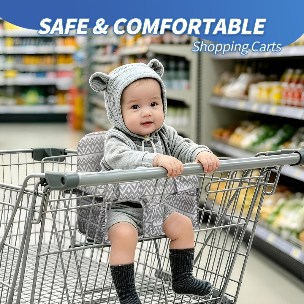 Dual-Use Kids Shopping Cart & High Chair Seat Cover, Soft Thick Breathable Foldable Seat Cushion with Side Storage Pocket for Travel & Home, Grey Waves & White Elegant