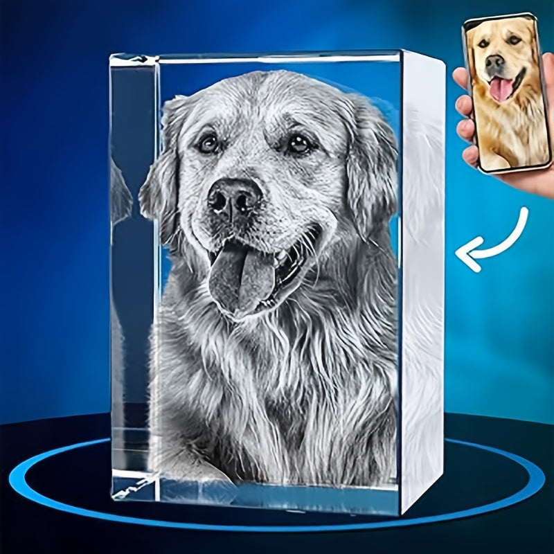 Personalized 3D Laser-Engraved Pet Photo Crystal Ornament - Custom Cat & Dog Keepsake, Commemorative Crystal Gift for Holidays, Anniversaries & Christmas, 3 Shapes (Octagon/Cube/Rhombus)