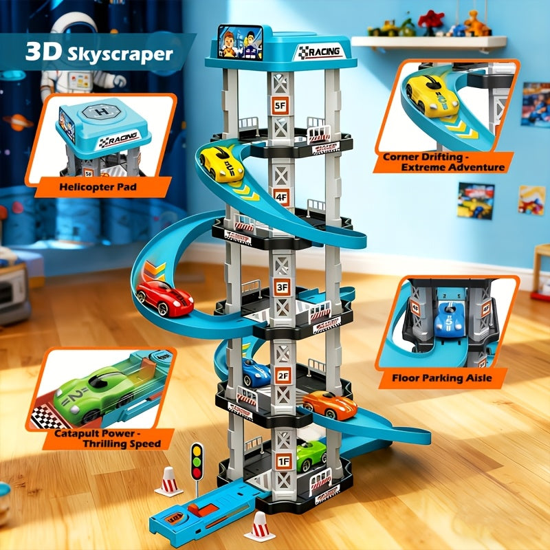 62pcs 5-Story Parking Garage 3D Multi-Layer Racing Track Set with 2 Cars, Ejection Launchers, Drift Tracks, Helipad, Gas Station, Assembly STEM Toy for Kids Boys Birthday New Year Gift
