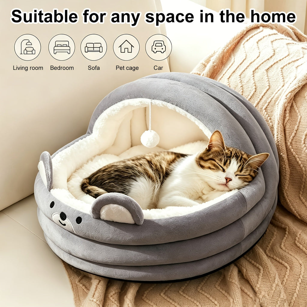圆润毛绒猫窝及宠物垫，适合猫咪与小型犬——大号圆形甜甜圈设计，柔软舒适四季通用睡垫，含S/M/L三种尺寸，附赠趣味毛绒球，舒适猫咪午睡垫