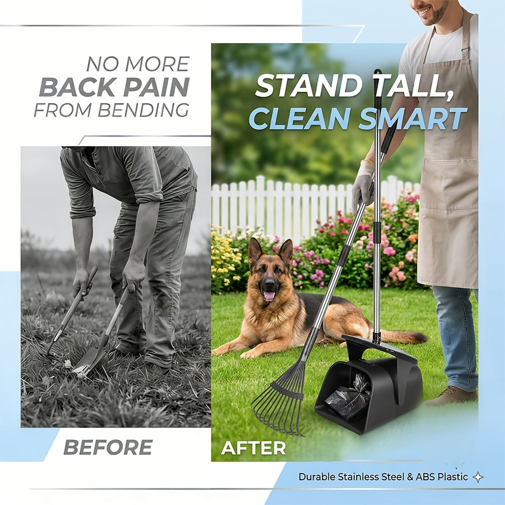 Heavy Duty Dog Pooper Scooper Set with Swivel Bin, Rake & Spade – Long Handle Pet Waste Removal Tool for Grass, Dirt & Gravel, Includes 40 Waste Bags, Great for Large Dogs