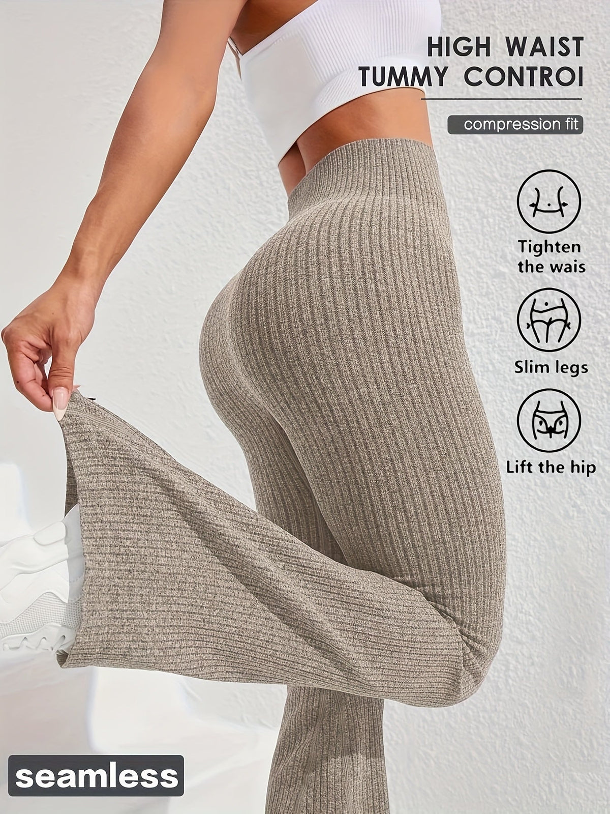 Women's High-Waist Tummy Control Slim Flare Pants Textured Wide Ribbed Knit Stretch Yoga Fitness Running Casual Trousers XS-L 4 Colors