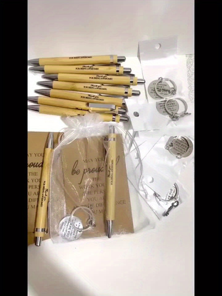 24-Piece Inspirational Gift Set: Bamboo Retractable Pen, Keychain, Gratitude Notebook, and Gift Bag – Bulk Appreciation Gifts for Employees, Teachers, Thanksgiving, and Christmas