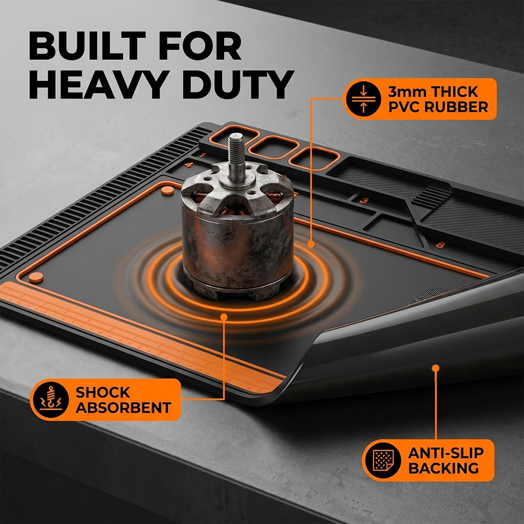 Modular Hobby Workbench Mat with Parts Sorting Trays - Non-Slip Desk Pad for RC Cars, FPV Drones & Electronics - Large, Grey-Orange, Black-Orange, Grey-Grey & Black-Blue