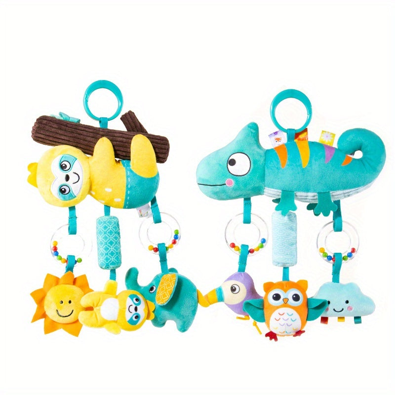 Baby Hanging Toy Wind Chime Pendant, Cute Animal Crib & Car Seat Hanging Decoration Bell for Newborns, Stroller & Bedside Sensory Toy, Blue Chameleon & Yellow Squirrel