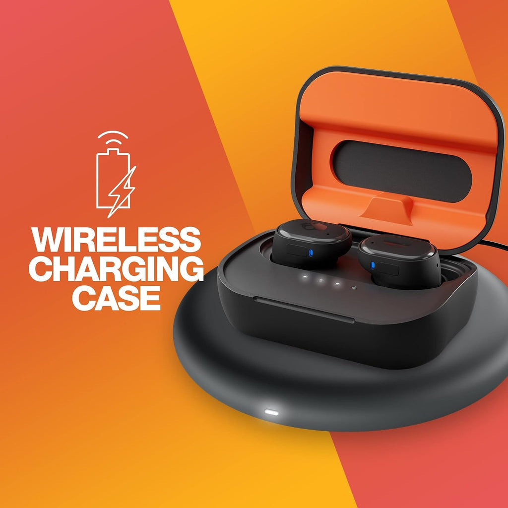 Skullcandy Grind Fuel Wireless Earbuds 40Hr Battery Rapid Charge IP55 Noise Isolating Wireless Charging Case Skull-iQ App Tile Finding & Microphone – True Black/Orange
