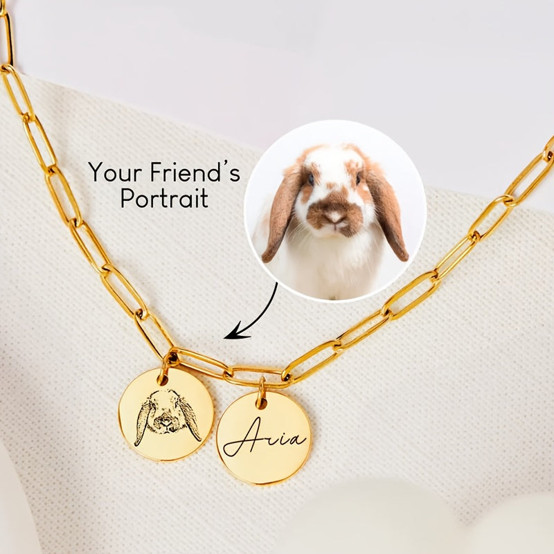 Personalized Pet Portrait Necklace - Paperclip Chain Double Circle Pendant Engraved with Pet Portrait & Name, Custom Memorial Gift for Pet Lovers & Her, All-Season Wearable (Silver or Gold)
