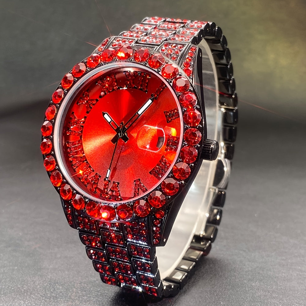 Rhinestone Couple's Watch Set, Luxury Quartz Movement with Calendar and Luminous Display, Red and Ice Blue Rhinestone Fashion Party Gift Watches for Men and Women