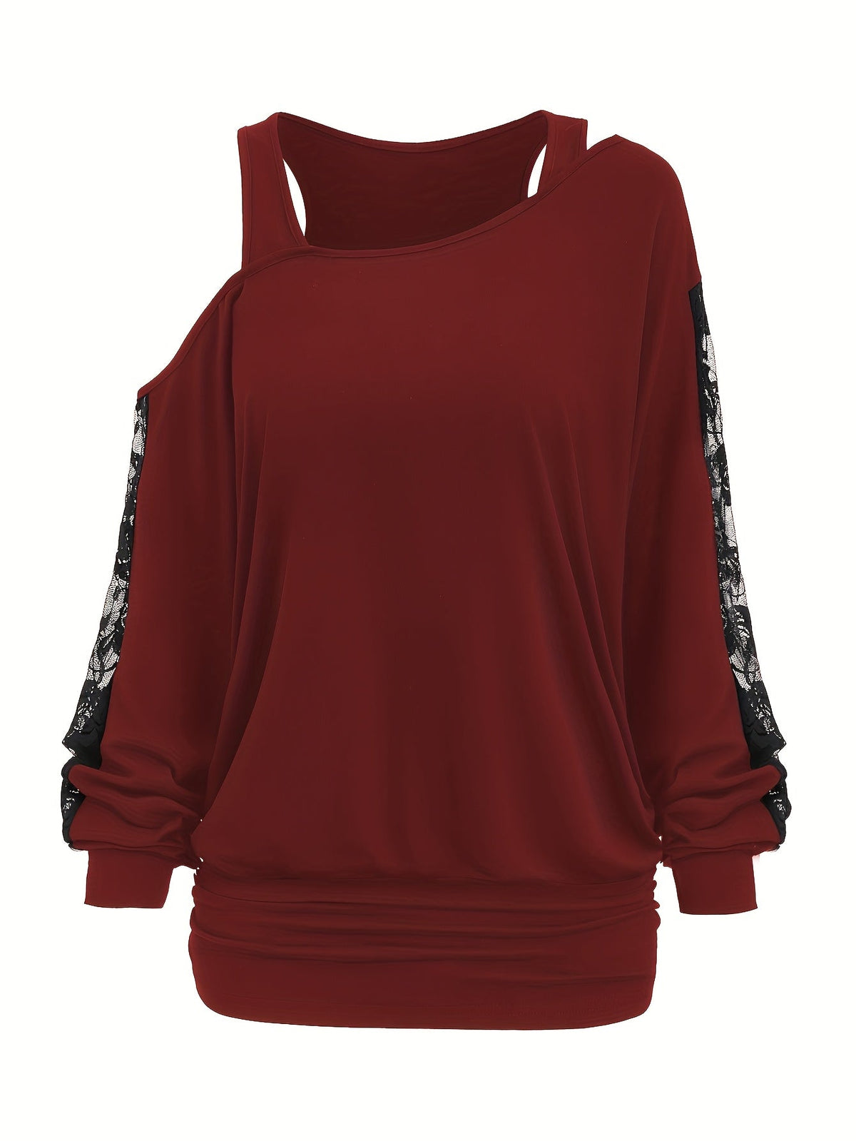 Lace Splicing Long Sleeve Top Women's Casual Loose Knit Shirt Fall Winter Contrast Lace Panel Blouse Black Deep Red Olive Green Dark Gray S M L XL XXL