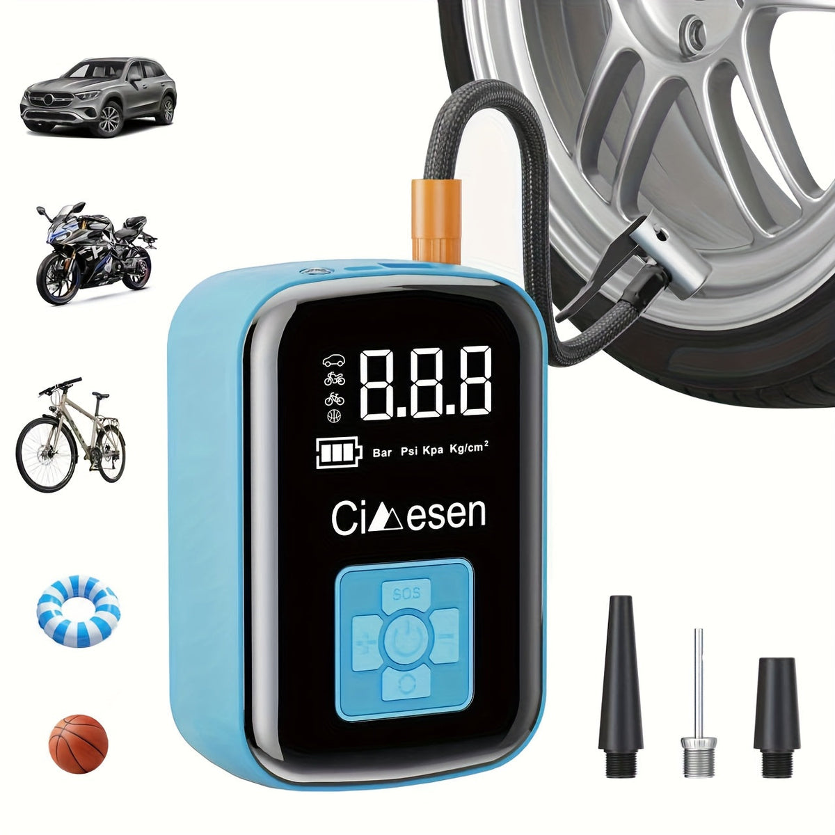 Portable Tire Inflator, 100W Cordless Air Pump, 4000mAh Battery, 30-Second Inflation, 5 Modes, Digital PSI Display, Type-C Charging, LED Light, Multi-Nozzle for Car, Motorcycle, Bicycle, Ball