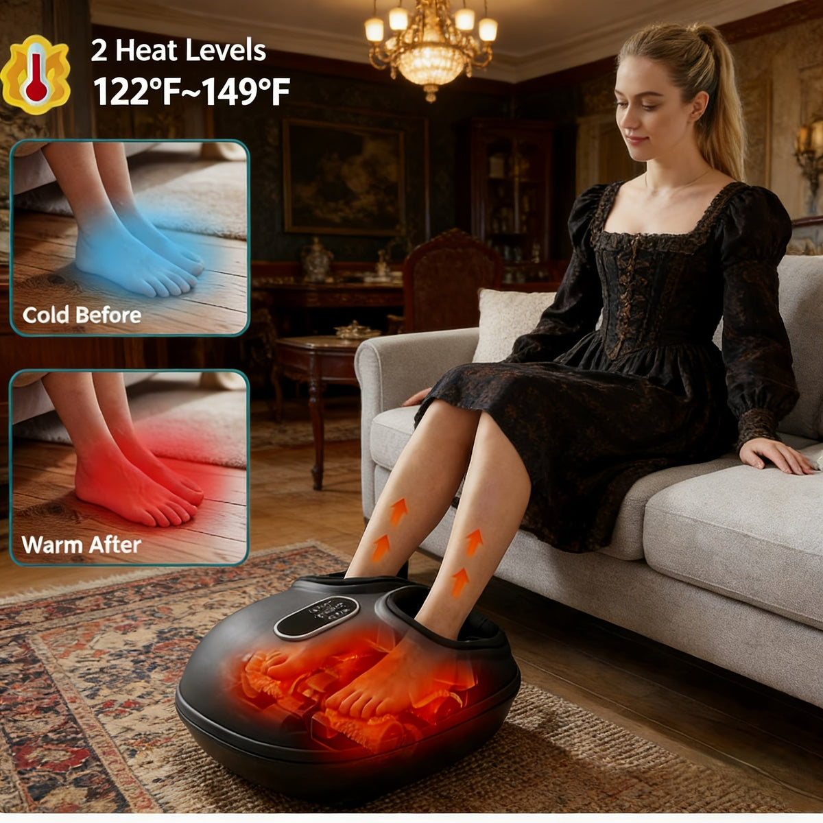 Shiatsu Foot Massager Machine with Heat Deep Kneading & Air Compression 6 Modes – Gift for Men & Women – Black