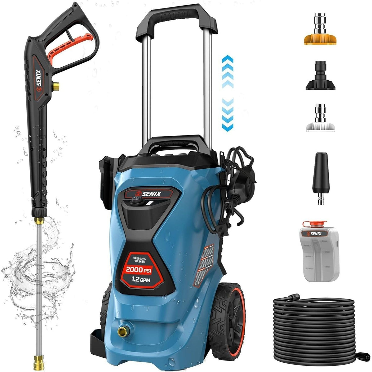 SENIX 2000 PSI Electric Pressure Washer 1.2 GPM with 4 Quick-Connect Nozzles Turbo Nozzle 25 ft Hose & 35 ft Cord Portable Power Cleaner for Cars Driveways Patios & Decks – 3-Year Warranty