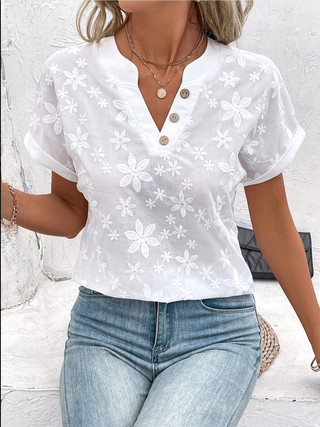 Floral Embroidered V-Neck Blouse Women's Loose Casual Summer Top White Batwing Short Sleeve Button Detail Lightweight Woven Shirt S-XXL